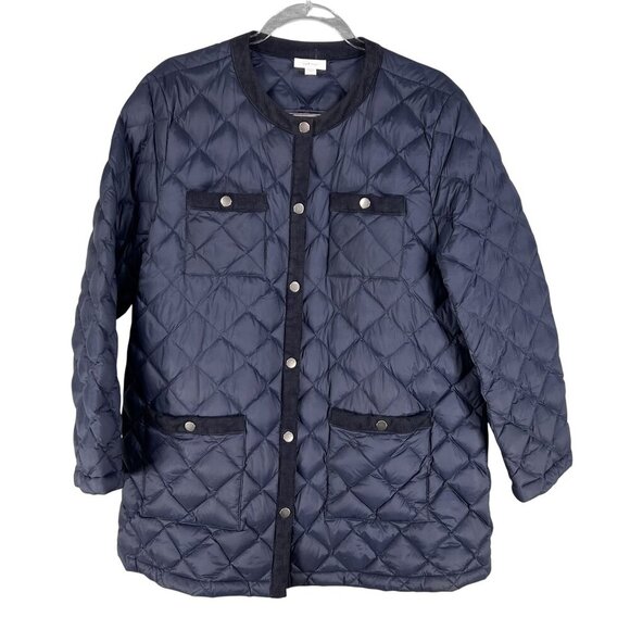 J. Jill Womens Lp Navy Diamond Quilted Down Puffer Jacket Corduroy Trim Snap Up - Picture 7 of 15